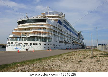IJmuiden the Netherlands - April 30th 2017: Aida Sol docked at the Felison Cruise Terminal