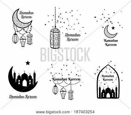 Ramadan Kareem Greeting Card, Banner, Poster, Logo With Lantern, Crescent, Moon And Star Elements. V