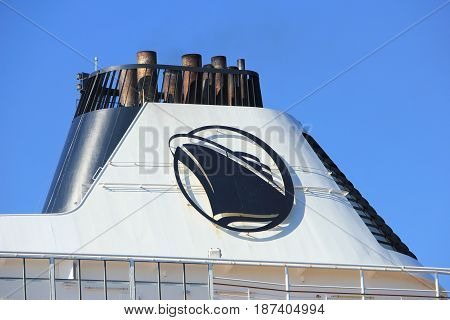 Velsen the Netherlands - May 20th 2017: MS Prinsendam detail of funnel