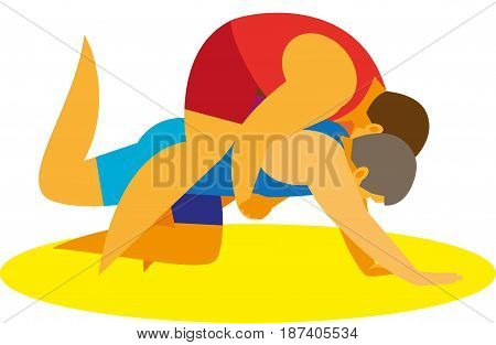 A two young strong athletes is a greek roman wrestle begin their duel in takedowns