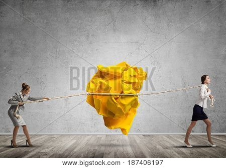 Two businesswomen playing tag of war game