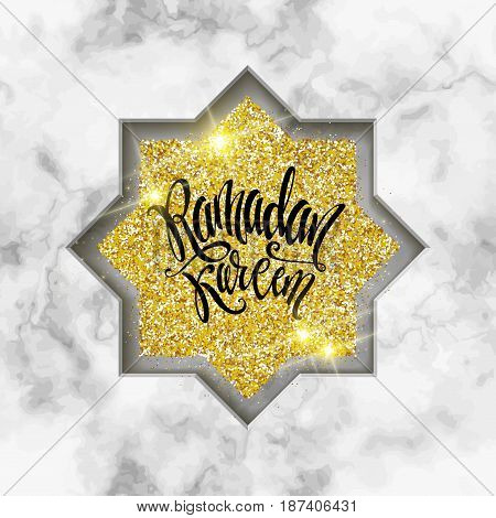 Vector holiday illustration of shiny Ramadan Kareem label on marble background. Lettering composition of muslim holy month