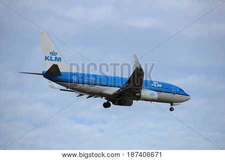 Amsterdam the Netherlands - July 15th 2016: PH-BGG KLM Royal Dutch Airlines Boeing 737 approaching Polderbaan runway at Schiphol Amsterdam Airport arriving from London Valencia Spain