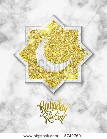 Vector holiday illustration of shiny Ramadan Kareem label on marble background. Lettering composition of muslim holy month