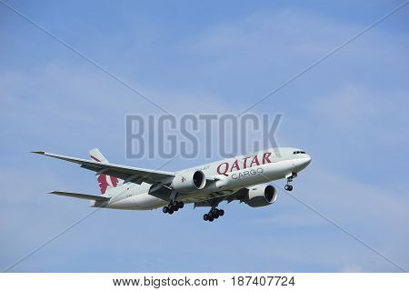 Amsterdam the Netherlands - July 21st 2016:A7-BFE Qatar Airways Cargo Boeing 777 approaching Polderbaan runway at Schiphol Amsterdam Airport arriving from Chicago USA