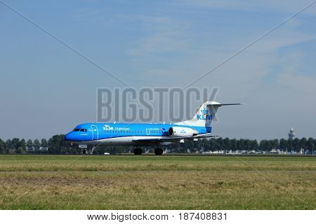 Amsterdam the Netherlands - August 18th 2016: PH-KZD KLM Cityhopper Fokker F70 taking off from Polderbaan Runway Amsterdam Airport Schiphol