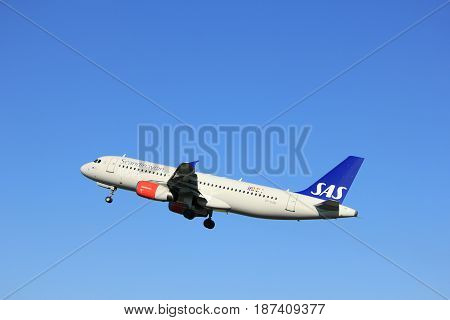 Amsterdam the Netherlands - August 18th 2016: OY-KAW SAS Scandinavian Airlines Airbus A320 taking off from Polderbaan Runway Amsterdam Airport Schiphol