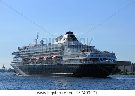 Velsen the Netherlands - May 20th 2017: MS Prinsendam sailing from Passenger Terminal Amsterdam to IJmuiden North Sea sealock