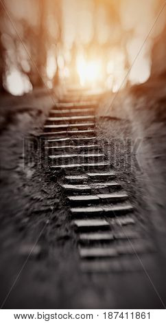 Abstract background with a ladder with are solar light above. A way upward to light. Photo taken with Lensbaby
