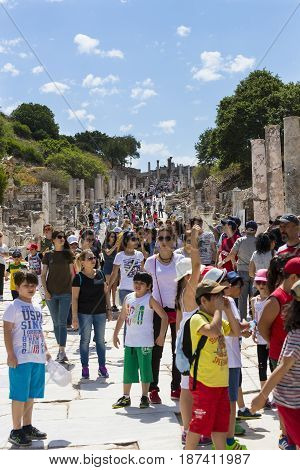 EPHESUS, TURKEY - 6 MAY , 2017: The ruins of the ancient antique city of Ephesus the library building of Celsus, the amphitheater temples and columns. Candidate for the UNESCO World Heritage List