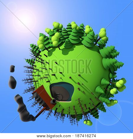 Planet Cartoon Industry 3D with background blue