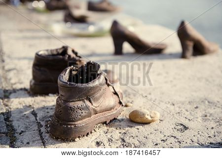 Monument to the fallen in World War II Jews on the Danube embankment in Budapest, Hungary.