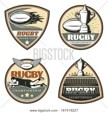 Vintage colored rugby emblems set with balls cup stadium and scoring jumping running players isolated vector illustration