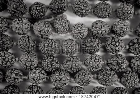 Funeral Indian beads of rudraksha seeds closeup