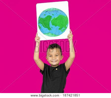 Little Boy Holding Global Paper Board Studio Portrait