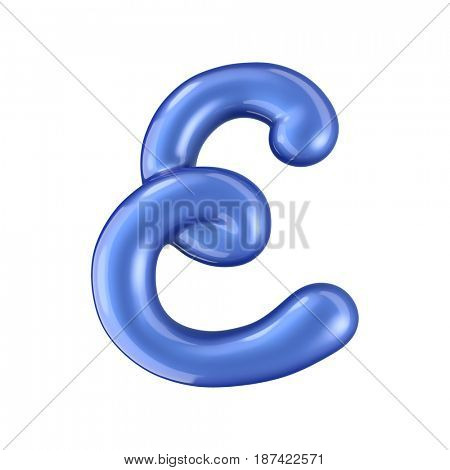 Glossy blue letter E uppercase. 3D rendering font with glint isolated on white background.
