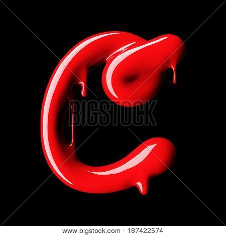 Glossy red letter C uppercase. 3D rendering font with glint on black background.