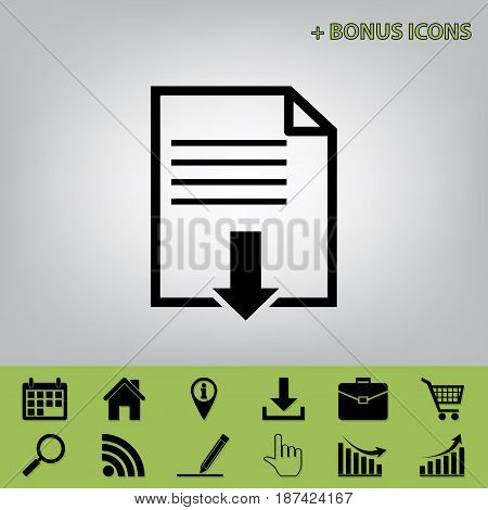File download sign. Vector. Black icon at gray background with bonus icons 