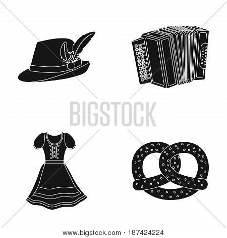 Tyrolean hat, accordion, dress, pretzel. Oktoberfestset collection icons in black style vector symbol stock illustration