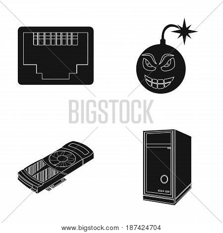 Virus, system unit and other components. Personal computer set collection icons in black style vector symbol stock illustration .