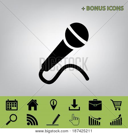 Microphone sign illustration. Vector. Black icon at gray background with bonus icons 