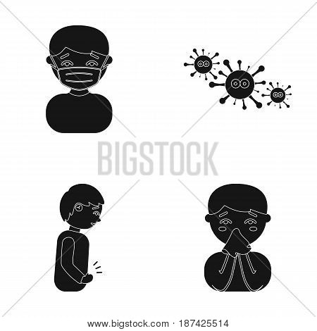 A man in a medical mask, a man who has a stomachache, a boy with a handkerchief, viruses, germs, bacteria. Sick set collection icons in black style vector symbol stock illustration .