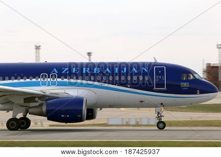 Borispol, Ukraine - March 25, 2017: AZAL Azerbaijan Airlines Airbus A320-200 aircraft running on the runway of Borispol International Airport on March 25, 2017. Editorial use only