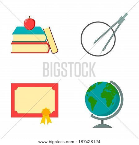 Books, an apple, a compass with a circle, a diploma with a seal, a globe. School set collection icons in cartoon style vector symbol stock illustration .