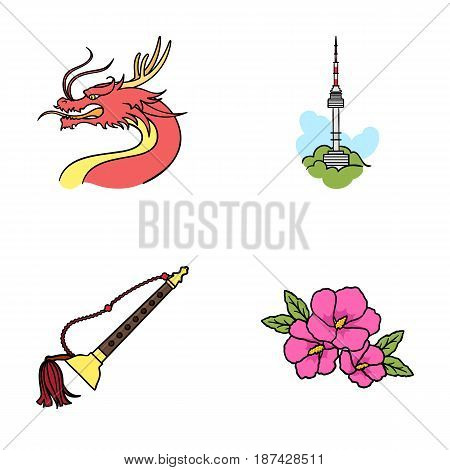 Dragon with mustache, Seoul tower, national musical instrument, hibiscus flower. South Korea set collection icons in cartoon style vector symbol stock illustration .