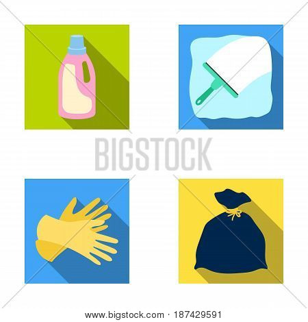 Gel for washing in a pink bottle, yellow gloves for cleaning, a brush for glass, a black bag for garbage or waste. Cleaning set collection icons in flat style vector symbol stock illustration .