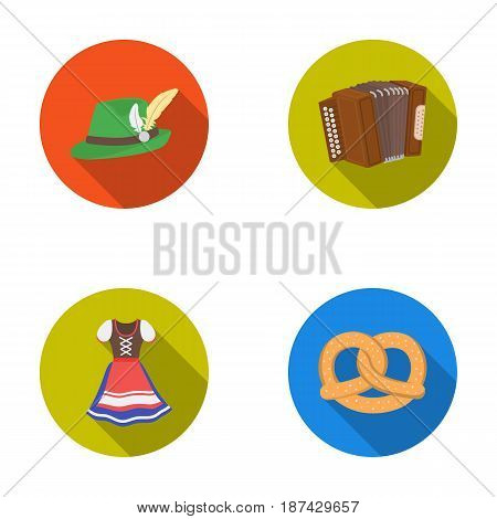 Tyrolean hat, accordion, dress, pretzel. Oktoberfestset collection icons in flat style vector symbol stock illustration