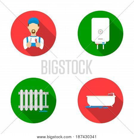 Plumber, boiler and other equipment.Plumbing set collection icons in flat style vector symbol stock illustration .