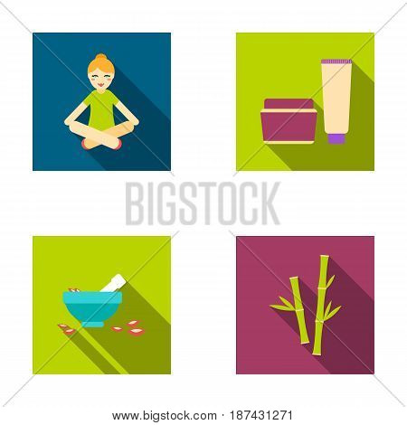 A girl in a yoga lotus pose, a jar of cream and a tube of ointment, a crush with a bowl and rose petals, bamboo with green leaves. Spa set collection icons in flat style vector symbol stock illustration .