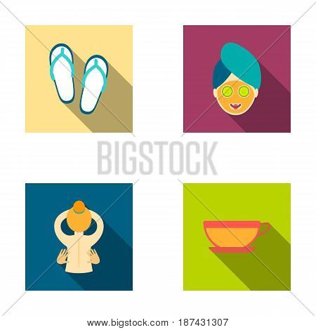 Slippers for the spa salon, a girl s face with a cucumber mask with a towel on her head, massage with her hands on her back, a cup with a refreshing drink.Spa set collection icons in flat style vector symbol stock illustration .