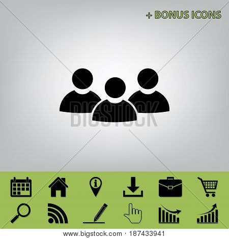 Team work sign. Vector. Black icon at gray background with bonus icons at celery ones