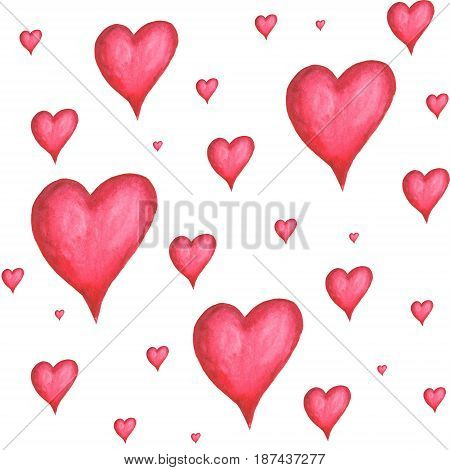 Watercolor hand painted seamless pattern with volume hearts on white background . Watercolor illustration