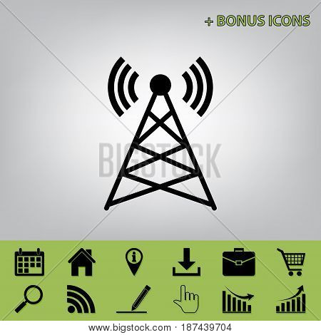 Antenna sign illustration. Vector. Black icon at gray background with bonus icons at celery ones