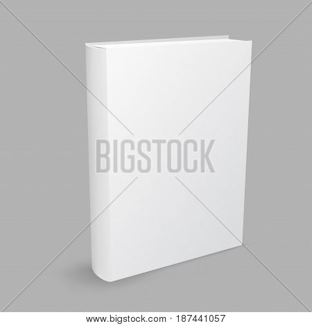 Standing closed white paper book with shadow on gray background. Education literature symbol. Empty cover template. Author writer show product