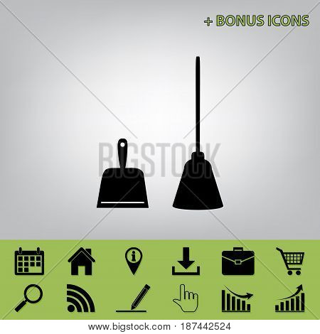Dustpan vector sign. Scoop for cleaning garbage housework dustpan equipment. Vector. Black icon at gray background with bonus icons at celery ones