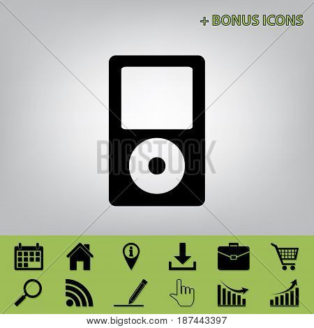 Portable music device. Vector. Black icon at gray background with bonus icons at celery ones