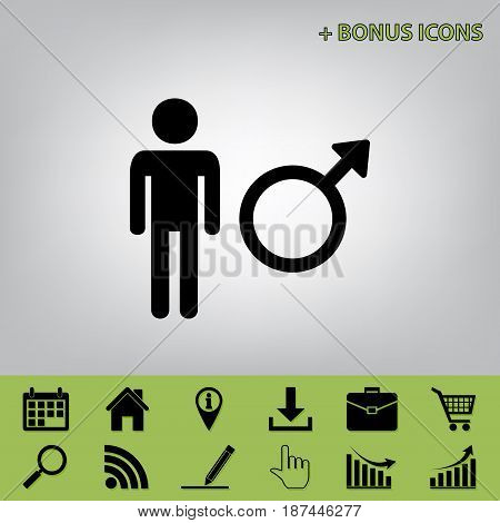 Male sign illustration. Vector. Black icon at gray background with bonus icons at celery ones
