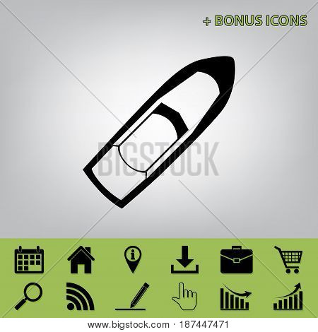 Boat sign. Vector. Black icon at gray background with bonus icons at celery ones