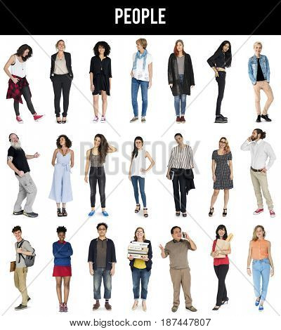 Various of diversity people full body set standing with smiling on background