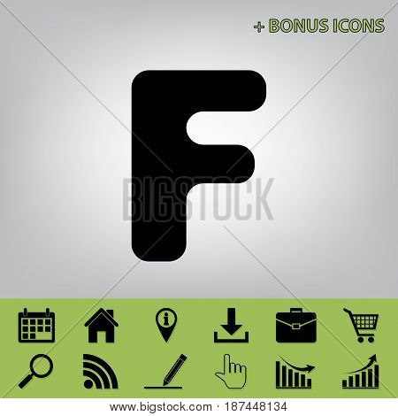 Letter F sign design template element. Vector. Black icon at gray background with bonus icons at celery ones