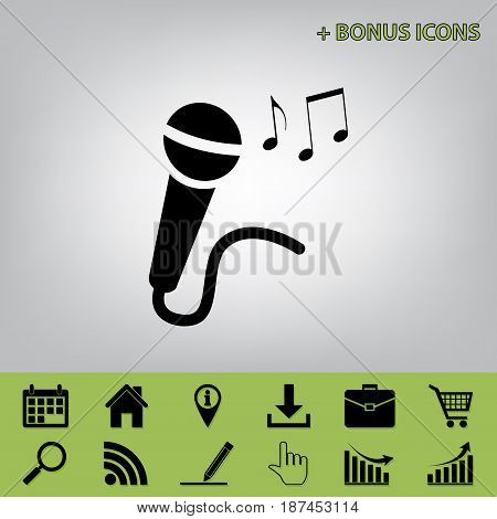 Microphone sign with music notes. Vector. Black icon at gray background with bonus icons at celery ones
