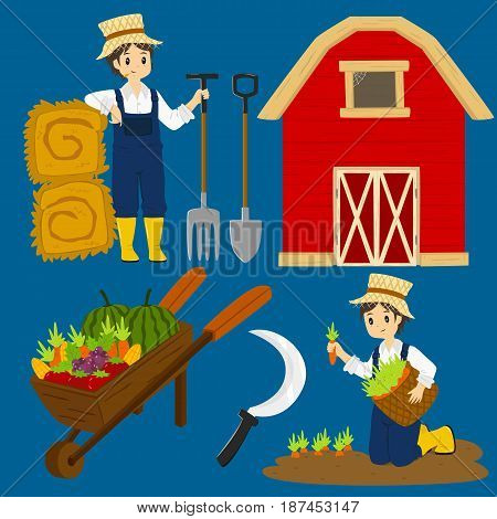 farmer character, vegetables and items vector collection