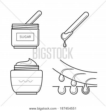 Vector icons set of tools for sugaring procedure. Cosmetic equipment for epilation sticks, sugar and aftershave cream. Spa symbol in thin line style. Outline simple illustrations isolated on white