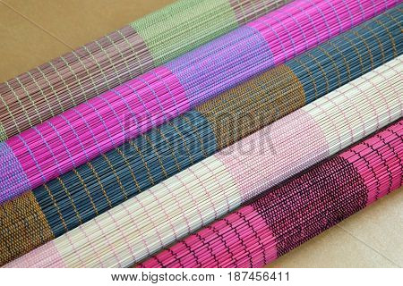 Colorful of bamboo mat plate, Colorful pattern, Bamboo texture, Blank space of bamboo mat, Japanese Bamboo plate