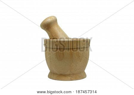 Wooden mortar and pestle for crushing herbal medicine or cooking, isolate on white background