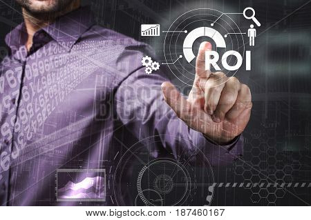 Business, Technology, Internet And Network Concept. Young Businessman Working On A Virtual Screen Of